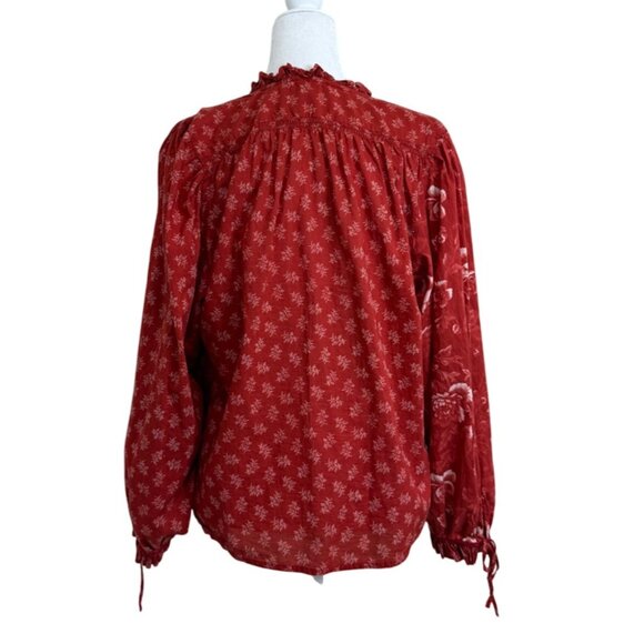 Sundance Womens Top Red Floral Button-Up Boho Blouse Long Sleeve Cotton Size M - Picture 3 of 7